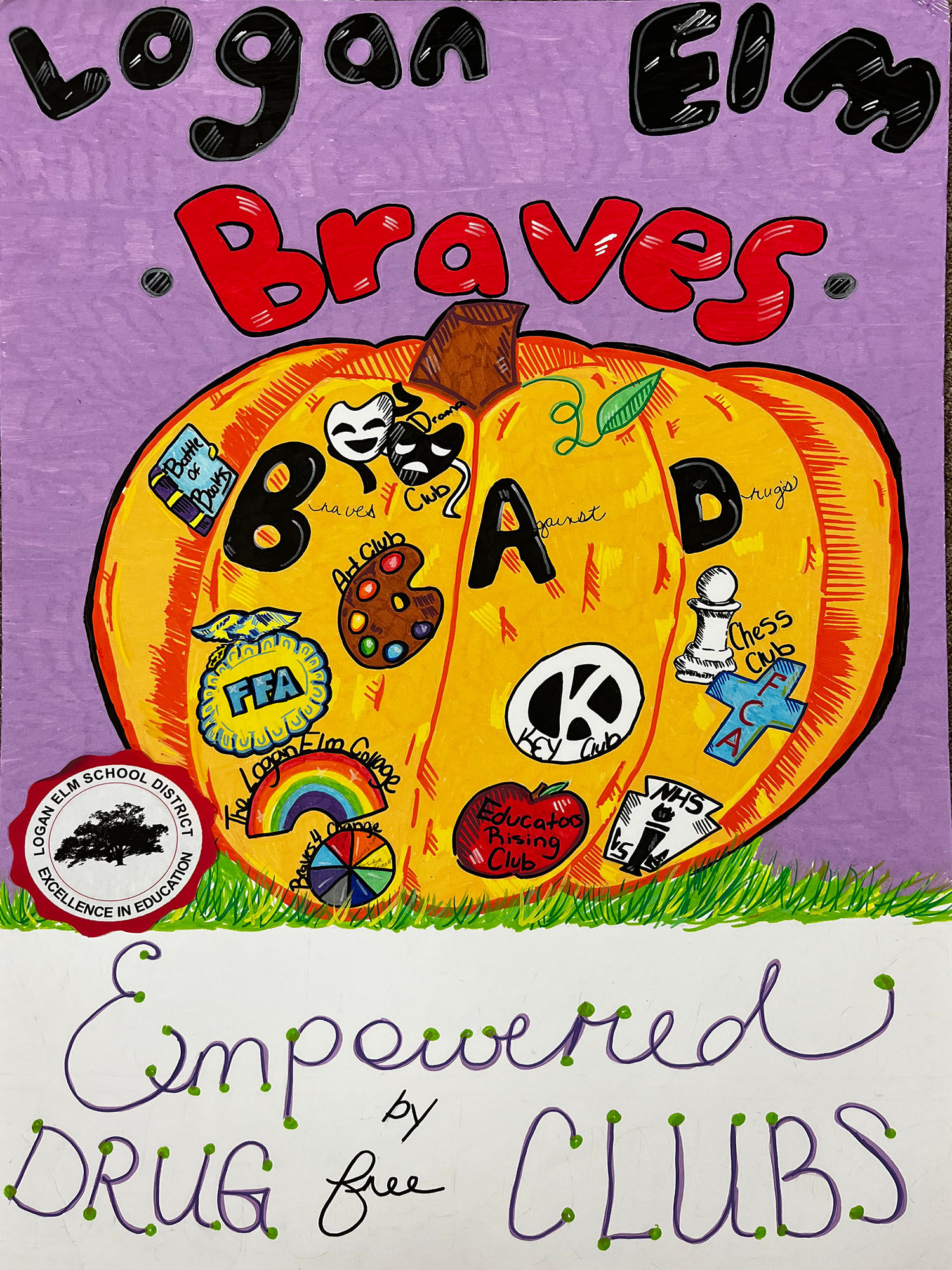 Logan Elm Braves, empowered by Drug free Clubs. Pumpkin artwork with different school clubs and the acronym 