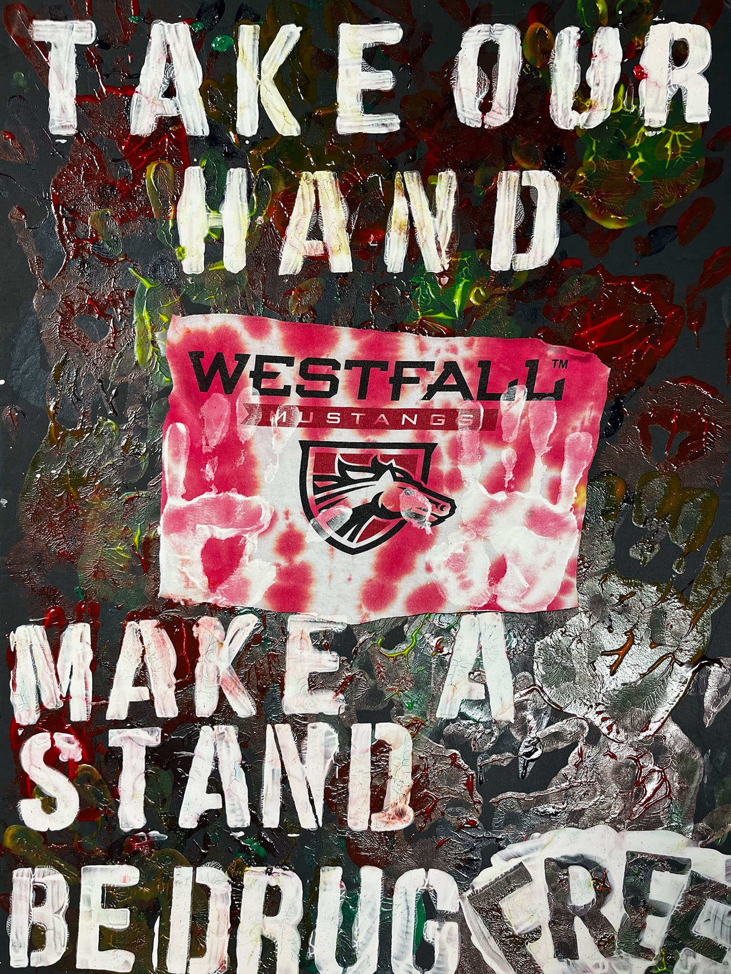 Take Our Hand, Make a Stand. Be Drug Free artwork. Hand prints in the background.