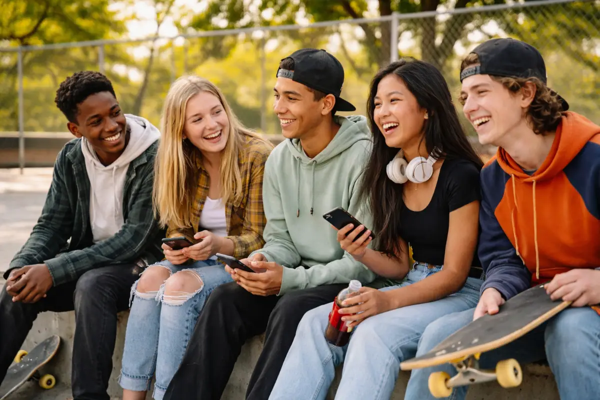 Five teenagers sit together on a concrete ledge at a skate park, smiling and laughing in the afternoon sun. Some hold phones, skateboards rest nearby, and the group appears relaxed and social outdoors.